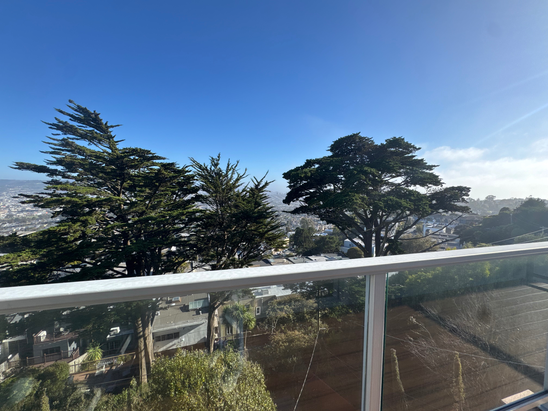 View from the balcony over cypress trees toward the western neighborhoods