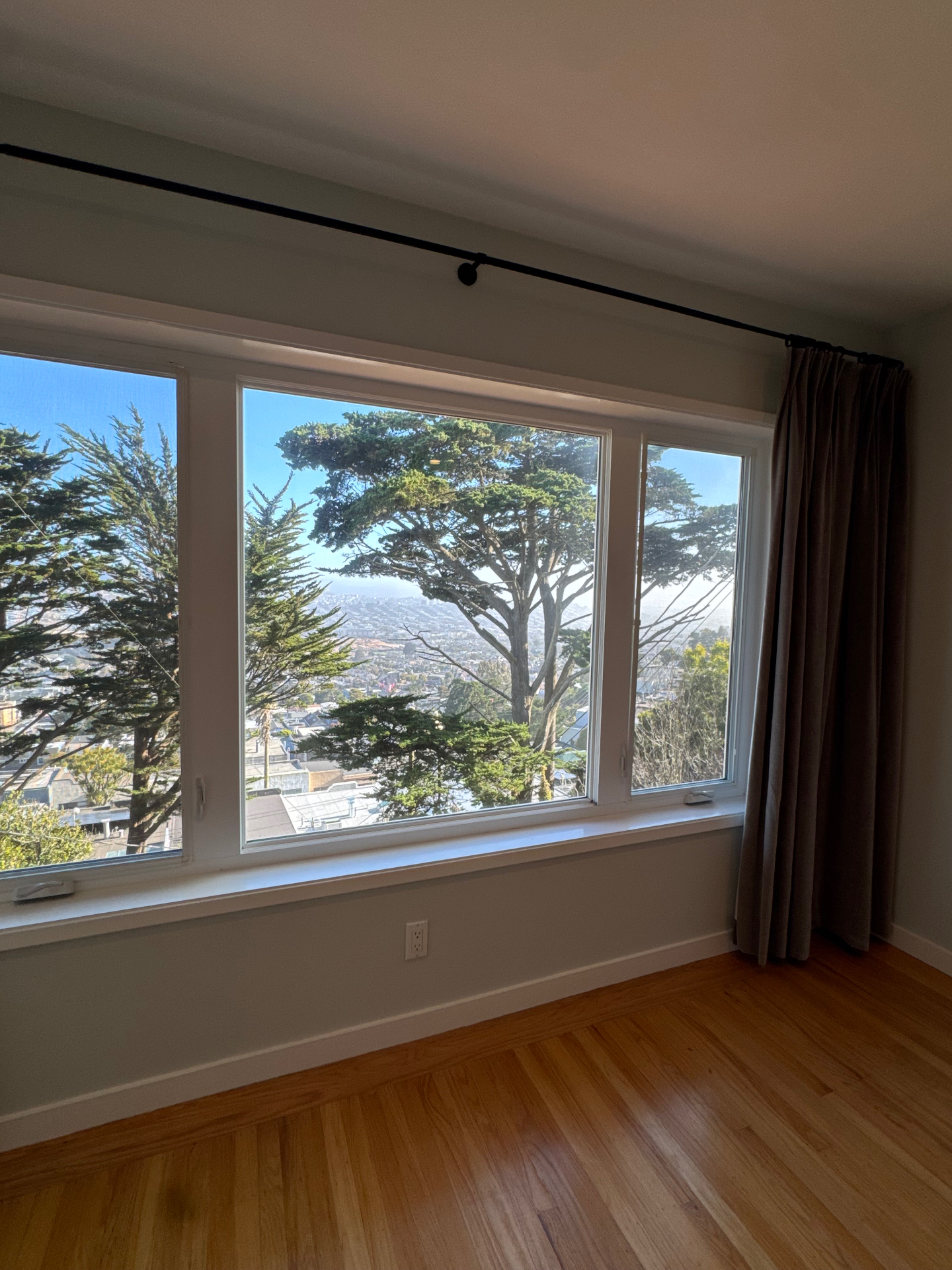 Bedroom with hardwood floors and a corner window looking over cypress trees and the city